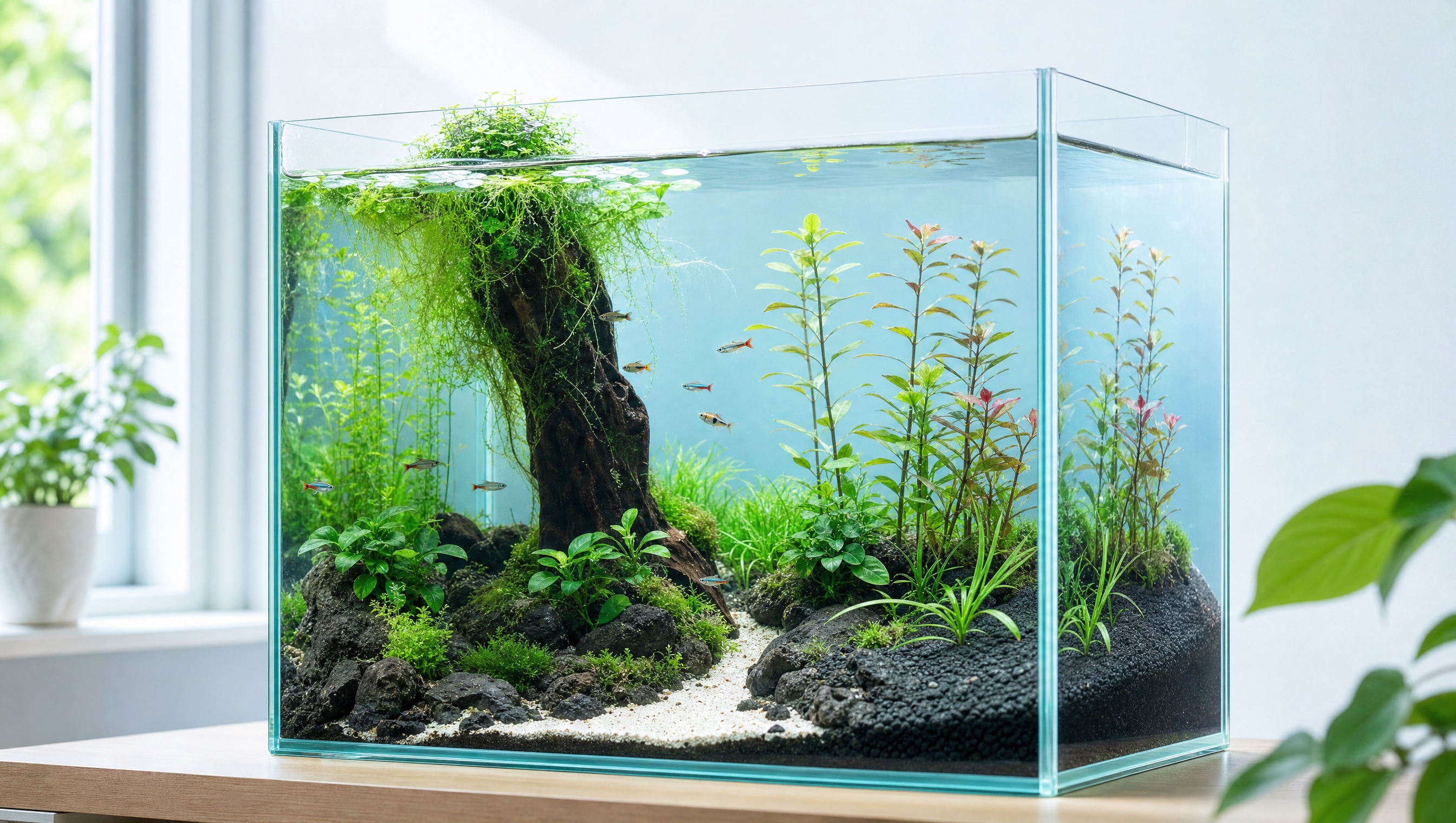 A clean planted freshwater aquarium on a light wooden desk against a white wall, with green stem plants, driftwood, sand foreground, and small schooling fish — soft daylight from a window on the left.